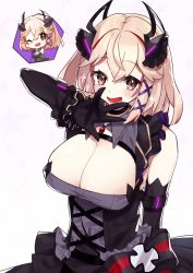 Rule 34 | 1girl, :d, absurdres, akutaa, azur lane, black dress, black gloves, blonde hair, blush, breasts, brown eyes, chibi, cleavage, commentary request, dress, elbow gloves, gloves, hair ornament, highres, large breasts, looking at viewer, multicolored hair, one eye closed, open mouth, red hair, roon (azur lane), roon (muse) (azur lane), short hair, simple background, smile, solo, streaked hair, upper body, white background