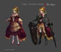 Rule 34 | 2girls, ahoge, armor, artoria pendragon (fate), bare shoulders, blonde hair, breasts, cleavage, collar, don quijote, don quixote, dress, dual persona, fate (series), frills, gauntlets, genderswap, genderswap (mtf), gown, greaves, green eyes, lance, long hair, mini style gown, multiple girls, neck ruff, original, pantyhose, polearm, ponytail, puffy sleeves, saber (fate), shield, sword, ushas, weapon, white legwear