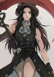 Rule 34 | 1boy, androgynous, ascot, asymmetrical sleeves, bare shoulders, black hair, black headwear, buttons, fingerless gloves, gloves, guilty gear, guilty gear strive, hat, highres, komakits2, long hair, looking at viewer, red eyes, scythe, skull, testament (guilty gear), thighhighs, top hat, trap