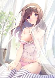 Rule 34 | 1girl, blush, breasts, brown hair, curtains, finger to mouth, hairband, itoichi., long hair, looking at viewer, medium breasts, nipples, original, panties, purple eyes, sitting, smile, solo, striped clothes, striped thighhighs, thighhighs, underwear, window