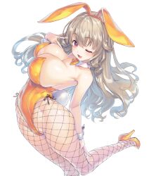 Rule 34 | 1girl, :3, absurdres, animal ears, bare shoulders, bow, bowtie, breasts, bunny (vocaloid), bunny day, cleavage, covered erect nipples, covered navel, detached collar, fake animal ears, fake tail, fishnet pantyhose, fishnets, floating hair, from above, hair between eyes, hand on own thigh, high heels, highleg, highleg leotard, highres, kiyama satoshi, komorebi wanko, large breasts, leaning back, leotard, light brown hair, long hair, looking at viewer, one eye closed, open mouth, orange bow, orange bowtie, orange footwear, orange leotard, pantyhose, playboy bunny, rabbit ears, rabbit tail, red eyes, simple background, smile, solo, strapless, strapless leotard, tail, traditional bowtie, virtual youtuber, white background, wide hips, wrist cuffs
