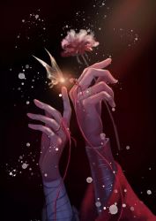 Rule 34 | absurdres, bandaged hand, bandages, black background, bug, butterfly, flower, hand focus, highres, holding, holding flower, hua cheng, insect, jewelry, renshengdeyixujinhuan88312, ring, string, string of fate, tianguan cifu, white butterfly, xie lian