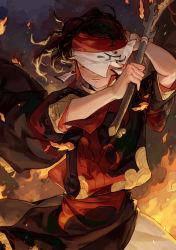 Rule 34 | 1boy, anmaki, branch, brown hair, closed mouth, clothes writing, covered eyes, cowboy shot, dancing, earrings, facing viewer, fire, hands up, headband, highres, holding, holding branch, japanese clothes, jewelry, kamado tanjirou, kimetsu no yaiba, long sleeves, male focus, mask lift, ponytail, solo