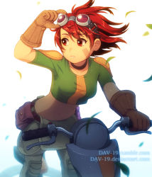 Rule 34 | 1girl, choker, dav-19, eva wei, facial mark, gloves, goggles, goggles on head, leaf, looking to the side, midriff, motor vehicle, oban star-racers, red eyes, red hair, scooter, short hair, simple background, solo, watermark, web address, white background, wind