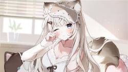 Rule 34 | 1girl, animal ear fluff, animal ears, bare shoulders, window blinds, blue eyes, blush, breasts, cat ears, cat girl, cat-shaped pillow, cat tail, character request, cleavage, collarbone, desk, dot nose, eumi 114, hair ornament, hairclip, highres, indie virtual youtuber, indoors, large breasts, long bangs, long hair, looking at viewer, morning, one eye closed, parted lips, rubbing eyes, shirt, sidelocks, sleep mask, sleepy, sleeveless, sleeveless shirt, solo, straight hair, tail, teeth, upper body, virtual youtuber, white hair, white shirt, window