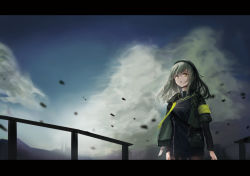 Rule 34 | 1girl, :o, armband, black pantyhose, brown hair, commentary request, floating, floating hair, girls&#039; frontline, gloves, grey hair, hair between eyes, hair ornament, hairband, huang quan soul, jacket, letterboxed, long hair, long sleeves, looking up, open mouth, pantyhose, scenery, simple background, sky, solo, ump40 (girls&#039; frontline), yellow eyes