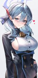 Rule 34 | 1girl, absurdres, ako (blue archive), bell, blue archive, blue eyes, blue hair, breasts, heart, highres, kabi (zcwd8845), large breasts, long sleeves, looking at viewer, smile, solo, underboob