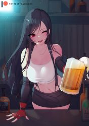 Rule 34 | 1girl, alcohol, arm guards, arm support, bar (place), beer, beer mug, black skirt, black thighhighs, blue hair, bottle, breasts, cleavage, clenched hands, commentary, counter, cowboy shot, cropped legs, cup, elbow gloves, english commentary, final fantasy, final fantasy vii, fingerless gloves, gloves, large breasts, long hair, low-tied long hair, mug, nanoless, navel, one eye closed, open mouth, parted bangs, patreon logo, patreon username, pleated skirt, red eyes, simple background, skirt, smile, solo, stomach, suspender skirt, suspenders, swept bangs, thighhighs, thighs, tifa lockhart, toned, wooden wall