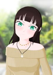 Rule 34 | 1girl, artist name, artist request, bare shoulders, black hair, blunt bangs, blurry, blurry background, breasts, brown sweater, close-up, collarbone, elbow sleeve, female focus, green eyes, halloween, highres, jewelry, kurosawa dia, long hair, looking at viewer, love live!, love live! school idol festival, love live! sunshine!!, medium breasts, mole, mole under mouth, necklace, pearl necklace, pendant, short sleeves, solo, sweater, upper body