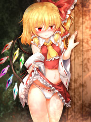 Rule 34 | 1girl, bare shoulders, blonde hair, blush, bow, bow panties, breasts, bush, closed mouth, collar, cosplay, crystal, detached sleeves, eyes visible through hair, flandre scarlet, hair between eyes, hair bow, hair tubes, hakurei reimu, hakurei reimu (cosplay), hands up, highres, japanese clothes, light, long sleeves, looking at viewer, marukyuu ameya, miko, miniskirt, multicolored wings, nail polish, panties, ponytail, red bow, red eyes, red nails, red skirt, red vest, shadow, short hair, skirt, small breasts, solo, standing, stomach, touhou, underwear, vest, wall, white collar, white panties, white sleeves, wings, yellow neckwear