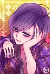 Rule 34 | 10s, 1boy, bags under eyes, cherry dot, collarbone, diabolik lovers, gradient background, hand on own head, head rest, highres, japanese clothes, licking lips, loose clothes, male focus, purple eyes, purple hair, sakamaki kanato, simple background, solo, tongue, tongue out, traditional clothes, upper body