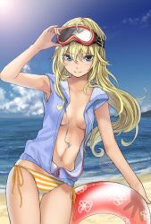 Rule 34 | 1girl, arm up, armpit peek, bad id, bad twitter id, beach, bikini, bikini bottom only, blonde hair, blue eyes, blue sky, breasts, closed mouth, cowboy shot, day, goggles, goggles on head, hair between eyes, hand on headwear, highres, hood, hoodie, horizon, innertube, lens flare, long hair, looking at viewer, navel, no bra, open clothes, open hoodie, original, outdoors, partially unzipped, photo background, side-tie bikini bottom, sky, small breasts, solo, striped bikini, striped bikini bottom, striped clothes, sunlight, swim ring, swimsuit, thigh gap, yoropa