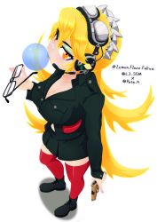 Rule 34 | 1girl, absurdres, alternate color, alternate costume, bandaid, bandaid on face, bandaid on nose, blonde hair, blowing bubbles, chewing gum, eyeshadow, from above, fukua (skullgirls), glasses, goggles, goggles on head, headphones, highres, looking at viewer, looking up, makeup, necktie, pata n, pistom, pleated skirt, school uniform, skirt, skullgirls, solo, thighhighs, yellow eyes