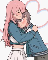 2girls absurdres bang_dream! bang_dream!_it&#039;s_mygo!!!!! blue_jacket blush brown_eyes chihaya_anon closed_eyes closed_mouth commentary couple earrings frilled_jacket frills grey_hair grey_skirt hand_on_another&#039;s_head heart highres hug jacket jewelry jin_(jinkwon1147) long_hair long_sleeves midriff multiple_girls pink_hair short_hair skirt takamatsu_tomori white_background white_skirt yuri