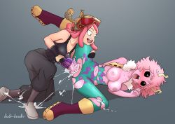 Rule 34 | 10s, absurdres, ashido mina, bare arms, black sclera, boku no hero academia, breasts, collarbone, colored sclera, colored skin, covered erect nipples, dildo, dude-doodle, fingerless gloves, gloves, hatsume mei, highres, horns, large breasts, lying, multiple girls, nipples, object insertion, on side, open mouth, pink hair, purple skin, pussy, sex toy, shiny skin, short hair, smile, spread legs, tank top, teeth, textless version, uncensored, vaginal, vaginal object insertion, yellow eyes, yuri