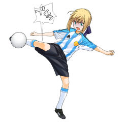Rule 34 | 00s, 1girl, a1 (initial-g), adidas, alternate costume, argentina, artoria pendragon (all), artoria pendragon (fate), ball, blonde hair, clothes writing, fate/stay night, fate (series), green eyes, kicking, playing sports, saber (fate), soccer, soccer ball, solo, type-moon, white soccer ball