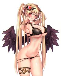 Rule 34 | 1girl, angel wings, armpits, bangle, bikini, black bikini, black wings, blush, bracelet, bracer, breasts, commentary request, cowboy shot, demon horns, fallen angel, feathers, gold, gold trim, groin, hands up, highres, horns, jewelry, large breasts, long hair, looking at viewer, mole, mole on breast, multi-strapped bikini, navel, neck ribbon, original, parted lips, red eyes, red ribbon, ribbon, short sleeves, sidelocks, simple background, skindentation, smile, solo, stomach, swimsuit, thighs, twintails, underbust, untue, very long hair, white background, wings