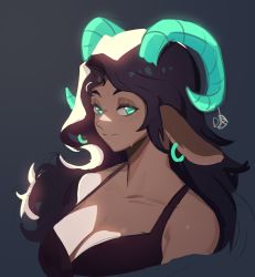 Rule 34 | 1girl, animal ears, black bra, black hair, blue eyes, bra, breasts, cleavage, curled horns, distr, goat ears, goat girl, goat horns, grey background, highres, horizontal pupils, horns, large breasts, long hair, looking at viewer, lusine (gaziter), mole, mole under mouth, original, parted lips, signature, simple background, smile, solo, underwear