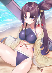 Rule 34 | 1girl, arm support, beach, bikini, black hair, blue bikini, breasts, commentary request, day, fate/grand order, fate (series), impossible clothes, large breasts, long hair, looking at viewer, ocean, purple eyes, side ponytail, sitting, solo, suzuho hotaru, swimsuit, ushiwakamaru (fate), ushiwakamaru (fate/grand order), ushiwakamaru (swimsuit assassin) (fate), ushiwakamaru (swimsuit assassin) (first ascension) (fate), very long hair, water, wide sleeves