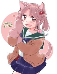 Rule 34 | 1girl, animal costume, animal ears, badge, blue skirt, brown cardigan, cardigan, cat costume, cat ears, cat tail, commentary request, cowboy shot, creature, creature on shoulder, green sailor collar, hair bobbles, hair ornament, izumiyamisono, kantai collection, kemonomimi mode, on shoulder, pink eyes, pink hair, pleated skirt, sailor collar, sazanami (kancolle), school uniform, serafuku, short hair, skirt, tail, twintails