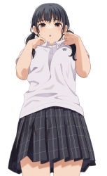 Rule 34 | 1girl, black hair, black skirt, blush, breasts, brown eyes, collared shirt, hands up, long hair, mattaku mousuke, original, parted lips, pleated skirt, shirt, short sleeves, simple background, skirt, small breasts, solo, standing, sweat, twintails, twitter username, white background, white shirt