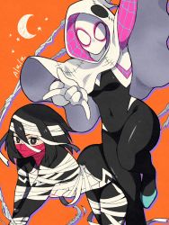 Rule 34 | 2girls, absurdres, alternate costume, animification, black hair, bodysuit, breasts, commentary, covered navel, crescent moon, highres, hood, hooded bodysuit, looking at viewer, marvel, mask, medium breasts, moon, mouth mask, multiple girls, short hair, silk, silk (marvel), skin tight, spider-gwen, spider-man (series), spider web, spider web print, superhero costume, sushi pizza rrr, symbol-only commentary