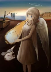 Rule 34 | + +, 1girl, angel, angel wings, bare arms, bare shoulders, bare tree, blue eyes, blue sky, brown hair, closed mouth, commentary request, day, dress, eating, feathered wings, fine art parody, fingernails, halo, highres, holding, horizon, kakitani jirou, long hair, ocean, original, outdoors, parody, pocket watch, sky, sleeveless, sleeveless dress, solo, standing, surreal, the persistence of memory, tree, very long hair, watch, water, white dress, white wings, wings