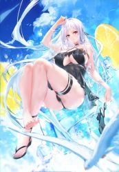 Rule 34 | 1girl, ass, bare shoulders, black dress, blush, breasts, bright pupils, closers, clothing cutout, dress, large breasts, long hair, looking at viewer, mirae (closers), nail polish, red eyes, solo, swd3e2, thigh strap, thighs, underboob cutout, very long hair, white hair