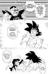 Rule 34 | 1girl, 2boys, 3koma, abs, absurdres, antennae, armor, bed sheet, breasts, chi-chi (dragon ball), comic, commentary, dougi, dragon ball, emphasis lines, english text, funsexydragonball, glasses, greyscale, highres, hime cut, holding legs, large breasts, long sleeves, looking at another, lying, monochrome, multiple boys, muscular, muscular male, navel, nipples, north kaiou, nude, on back, pillow, pointy ears, sanpaku, sex, sheet grab, shoulder armor, shouting, son goku, speech bubble, spiked hair, sweat, tareme, teeth, telepathy, typo, white background
