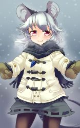 Rule 34 | 1girl, animal ears, bad id, bad pixiv id, blush, coat, grey hair, highres, jewelry, konata gazel, mittens, mouse ears, mouse tail, nazrin, pantyhose, pendant, red eyes, scarf, short hair, smile, solo, tail, touhou