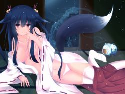 Rule 34 | 1girl, animal ears, bell, blush, fox ears, fox tail, hair ornament, japanese clothes, lying, miko, navel, off shoulder, original, panties, red eyes, second heaven, smile, solo, tail, tatami, thighhighs, underwear, white thighhighs