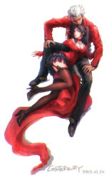 Rule 34 | 1boy, 1girl, absurdres, archer (fate), ass, black hair, black skirt, black thighhighs, blue eyes, canterbury (6739793), chin rest, choker, closed eyes, cross, cross necklace, dark-skinned male, dark skin, fate/stay night, fate (series), full body, garter straps, hair ribbon, head on head, head rest, high heels, highres, jacket, jewelry, long hair, lying on person, necklace, open mouth, pumps, red jacket, ribbon, ring, shoes, skirt, stiletto heels, thighhighs, tohsaka rin, two side up, white hair