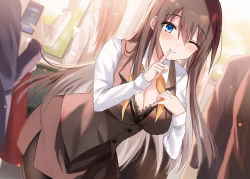Rule 34 | 3girls, 4boys, ;), black bra, black jacket, black legwear, blue eyes, blush, bra, breasts, brown hair, brown skirt, brown vest, cellphone, cleavage, closed mouth, collared shirt, commentary request, formal, hair between eyes, holding, holding phone, jacket, kinona, leaning forward, long hair, looking at viewer, multiple boys, multiple girls, office lady, one eye closed, original, pantyhose, phone, red skirt, shirt, skirt, smile, suit, train interior, underwear, very long hair, vest, white shirt