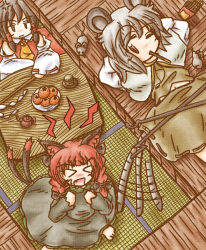 Rule 34 | &gt; &lt;, 3girls, anger vein, animal ears, arms behind head, barefoot, black hair, bow, braid, brown eyes, capelet, cat ears, cat tail, clenched hands, closed eyes, cup, detached sleeves, dowsing rod, dress, expressionless, fang, food, food in mouth, from above, fruit, gohei, grey hair, hair bow, hair tubes, hakurei reimu, kaenbyou rin, kotatsu, long sleeves, lying, mandarin orange, mouse (animal), mouse ears, mouse tail, multiple girls, multiple tails, nazrin, on back, one eye closed, open mouth, plate, pocky, red eyes, red hair, saucer, short hair, sideways glance, skirt, skirt set, table, tail, tail wagging, tatami, teapot, touhou, twin braids, under kotatsu, under table, wink, ys (ytoskyoku-57)