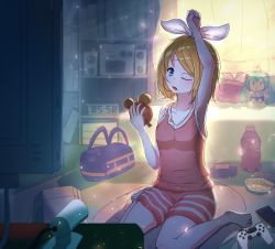 Rule 34 | 1girl, alarm clock, arm up, armpits, bag, barefoot, blonde hair, blue eyes, book, bookshelf, bottle, breasts, character doll, chips (food), clock, collarbone, commentary request, controller, curtains, food, hair ribbon, handbag, hatsune miku, highres, holding alarm clock, kagamine rin, lamp, one eye closed, open mouth, pillow, pink tank top, potato chips, ribbon, sitting, small breasts, solo, spiel (yfnw7477), stereo, swept bangs, tank top, tears, television, tissue, tissue box, toes, vocaloid, wariza