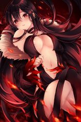 Rule 34 | 1girl, bare shoulders, black dress, blush, breasts, brown hair, center opening, choker, collarbone, dress, earrings, fang, fate/grand order, fate (series), fire, fur trim, highres, jacket, jewelry, knee up, kuro namako, ling (singer), long hair, looking at viewer, lying, medium breasts, multiple earrings, navel, on back, parted lips, red eyes, revealing clothes, sidelocks, solo, strapless, strapless dress, very long hair, yu mei-ren (fate)