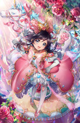 Rule 34 | 1girl, artist name, black eyes, black hair, bow, commentary request, dress, earrings, elbow gloves, flower, gloves, hair bow, heart, high heels, jewelry, kaze-hime, long hair, necklace, open mouth, original, petticoat, pink bow, pink dress, pink footwear, pink ribbon, red flower, red rose, reins, ribbon, rose, smile, solo, thighhighs, unicorn, watermark, web address, white gloves, white thighhighs