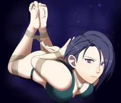 Rule 34 | 1girl, arms behind back, ass, bare shoulders, bdsm, blue background, blue hair, blush, bondage, bound, bra, breasts, brown rope, cleavage, dankestofdans, eyeliner, feet, female focus, fire emblem, fire emblem: three houses, green bra, green panties, huge ass, intelligent systems, large breasts, lips, lying, on stomach, makeup, nintendo, panties, pink lips, purple eyes, rope, shamir nevrand, shiny clothes, shiny skin, short hair, solo, thick thighs, thighs, thong, underwear
