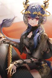 Rule 34 | 1girl, absurdres, ambience synesthesia, arknights, black capelet, black shirt, black shorts, blue hair, capelet, ch&#039;en (arknights), crop top, dragon girl, dragon horns, dragon tail, guqin, highres, horns, instrument, laurel crown, long hair, looking at viewer, music, pink eyes, playing instrument, shirt, shorts, smile, solo, tail, tarutaru yamaoka