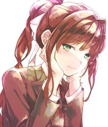 Rule 34 | 1girl, brown hair, closed mouth, doki doki literature club, green eyes, hair ribbon, hands on own cheeks, hands on own face, highres, hinamikan, jacket, long sleeves, monika (doki doki literature club), ponytail, red ribbon, ribbon, smile, solo, white background, white ribbon
