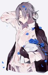 Rule 34 | 1boy, androgynous, arm behind head, blue flower, blue petals, blue rose, bread, chinese commentary, closed mouth, collared shirt, commentary request, cropped torso, closed eyes, flower, food, gloves, grey hair, holding, holding paper, jacket, jacket on shoulders, long sleeves, male focus, original, paper, petals, profile, rose, see-through, shirt, short hair, simple background, single glove, solo, upper body, wet, wet clothes, wet hair, wet shirt, white background, white shirt