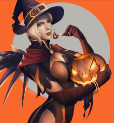 Rule 34 | 1girl, absurdres, artist name, bangle, blonde hair, blue eyes, bracelet, breasts, brown dress, brown gloves, cape, capelet, cleavage, dress, earrings, elbow gloves, eyelashes, eyeliner, fork, gloves, halloween, halloween costume, hand up, hat, hat belt, high collar, highleg, highleg leotard, highres, holding, holding fork, jack-o&#039;-lantern, jack-o&#039;-lantern earrings, jewelry, large breasts, leotard, loincloth, looking at viewer, makeup, mechanical wings, mercy (overwatch), official alternate costume, overwatch, overwatch 1, pentaloid, purple hat, red cape, short hair, short sleeves, signature, smile, solo, spread wings, tongue, tongue out, upper body, wings, witch, witch hat, witch mercy