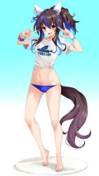 Rule 34 | 1girl, animal ears, arms up, bare arms, bare legs, barefoot, bead bracelet, beads, bikini, blue bikini, blue hair, blue nails, bracelet, breasts, brown hair, colored inner hair, daitaku helios (umamusume), double v, full body, happy, highres, horse ears, horse girl, horse tail, iwashi dorobou -r-, jewelry, long hair, looking at viewer, medium breasts, multicolored hair, nail polish, navel, shirt, side ponytail, smile, solo, standing, streaked hair, swimsuit, t-shirt, tail, toenail polish, toenails, two-tone hair, umamusume, v, yellow eyes