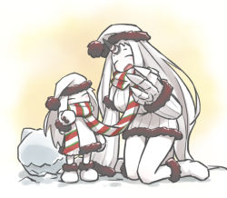 Rule 34 | 10s, 2girls, :d, ^ ^, abyssal ship, breasts, christmas, claws, closed eyes, colored skin, detached sleeves, dress, gradient background, hat, height difference, horns, kantai collection, kneeling, large breasts, long hair, mittens, multiple girls, northern ocean princess, open mouth, santa hat, scarf, seaport princess, shared clothes, shared scarf, short dress, single horn, smile, striped clothes, striped scarf, tewarusa, white dress, white hair, white mittens, white skin