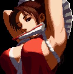 Rule 34 | 1girl, armpits, breasts, brown hair, looking at viewer, lowres, official art, one eye closed, pixel art, ponytail, shiranui mai, sideboob, solo, the king of fighters, wink