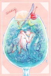 Rule 34 | 1girl, aqua hair, bare shoulders, barefoot, blue eyes, cherry, closed mouth, cup, drinking straw, food, from side, fruit, full body, hand on own knee, hatsune miku, highres, ice, ice cream, ice cream float, ice cube, in container, in cup, long hair, looking at viewer, miniskirt, painting (medium), pleated skirt, shirt, skirt, sleeveless, sleeveless shirt, spoon, tpamjdsta (usatokurasu), traditional media, very long hair, vocaloid, watercolor (medium), white shirt, white skirt