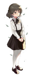 Rule 34 | 1girl, beret, black footwear, black hat, black ribbon, black skirt, bogdae, brown eyes, closed mouth, collared shirt, dress shirt, expressionless, falling leaves, full body, hair ribbon, hat, hatoba tsugu, highres, holding, holding clothes, holding hat, leaf, loafers, looking to the side, medium hair, neck ribbon, own hands together, pantyhose, ribbon, shirt, shirt tucked in, shoes, sidelighting, sideways glance, simple background, single hair ring, skirt, solo, standing, suspender skirt, suspenders, tsugu (vtuber), unworn hat, unworn headwear, v arms, virtual youtuber, white background, white pantyhose, white shirt