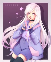 Rule 34 | 1girl, absurdres, artist name, black neckwear, black thighhighs, border, choker, clothes writing, double v, fingerless gloves, gloves, grey border, highres, jacket, long hair, long sleeves, looking at viewer, lulybot, original, parted bangs, purple eyes, solo, thighhighs, v, very long hair, white hair, zettai ryouiki