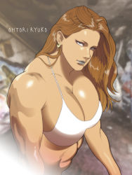 Rule 34 | 1girl, abs, abstract background, bikini, bikini top only, blue lips, breasts, brown hair, earrings, grey eyes, highres, jewelry, large breasts, lens flare, lipstick, long hair, looking at viewer, makeup, mousou tokusatsu series ultramadam, muscular, muscular female, nappii (nappy happy), ohtori ryuko, parody, shiny skin, solo, swimsuit, ultra series