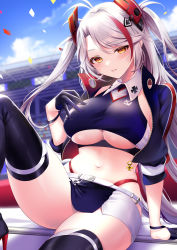 Rule 34 | 1girl, azur lane, black footwear, blue gloves, blue jacket, blush, boots, breasts, commentary request, confetti, gloves, hair ornament, high heels, jacket, long hair, long sleeves, looking at viewer, multicolored hair, navel, official alternate costume, orange eyes, panties, parted lips, pontaro18, prinz eugen (azur lane), prinz eugen (final lap) (azur lane), race queen, red hair, red panties, skirt, smile, solo, streaked hair, thigh boots, thighhighs, thighs, two-tone skirt, two side up, underboob, underwear, white hair